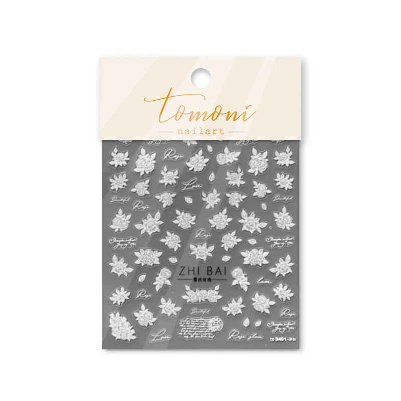 White Lace & Rose Nail Stickers – 5D Embossed Bridal Set