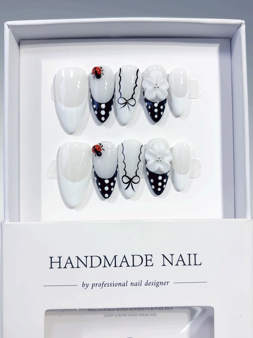 Ladybug Elegance: "Monochrome Floral" – Almond Press-On Nails