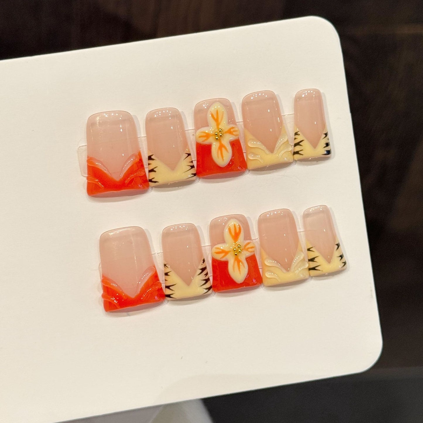 Vibrant Floral Red Tip Duckbill Press On Nails