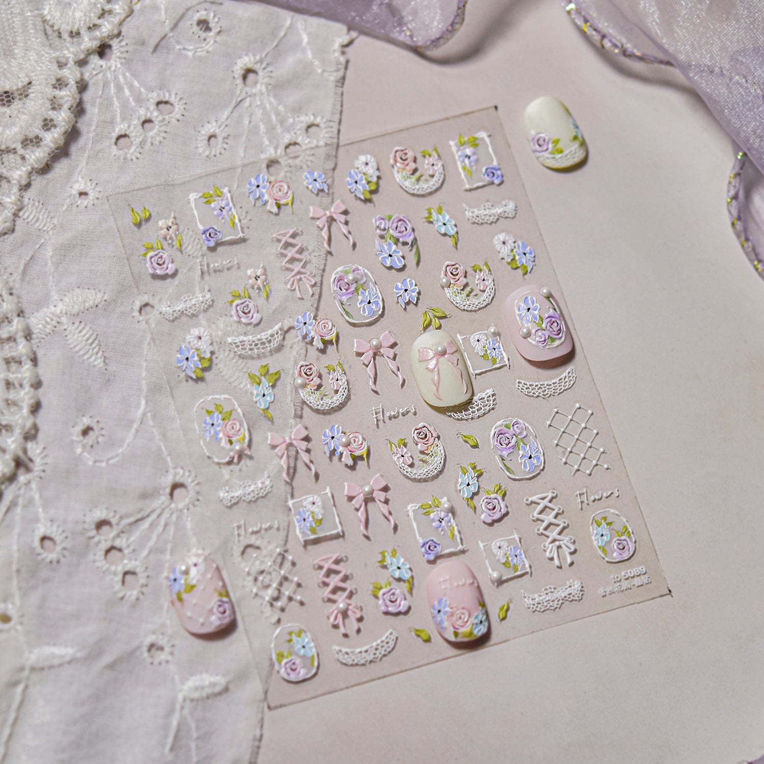 Pastel Floral Bow Collection: "Blush Garden" – 3D Embossed Nail Sticker