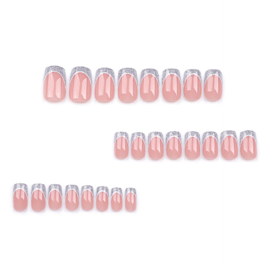 Naked pink manicure press on nails wholesale French silver glitter fake nail simple square nail finished product wholesale｜365nails