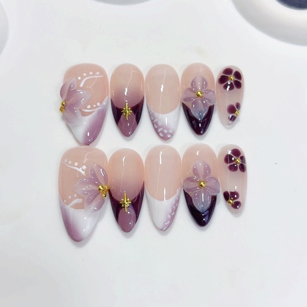 Plum Blossom Gradient: "Purple Floral" – Almond Press-On Nails