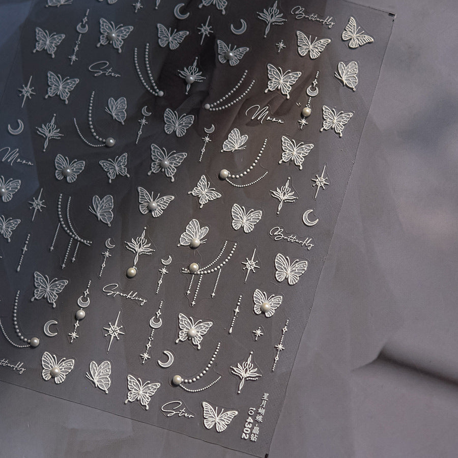 White Crystal Butterfly & Star: "Ethereal Celestial Butterfly" – 5D Embossed Nail Sticker