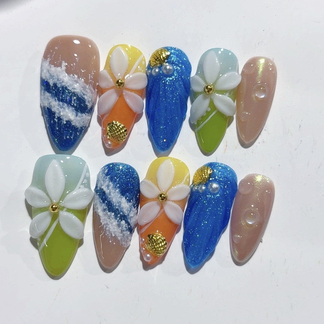 365nails - 海岸微風：海灘貝殼花 — 杏仁形 手工製 立體雕刻 穿戴甲