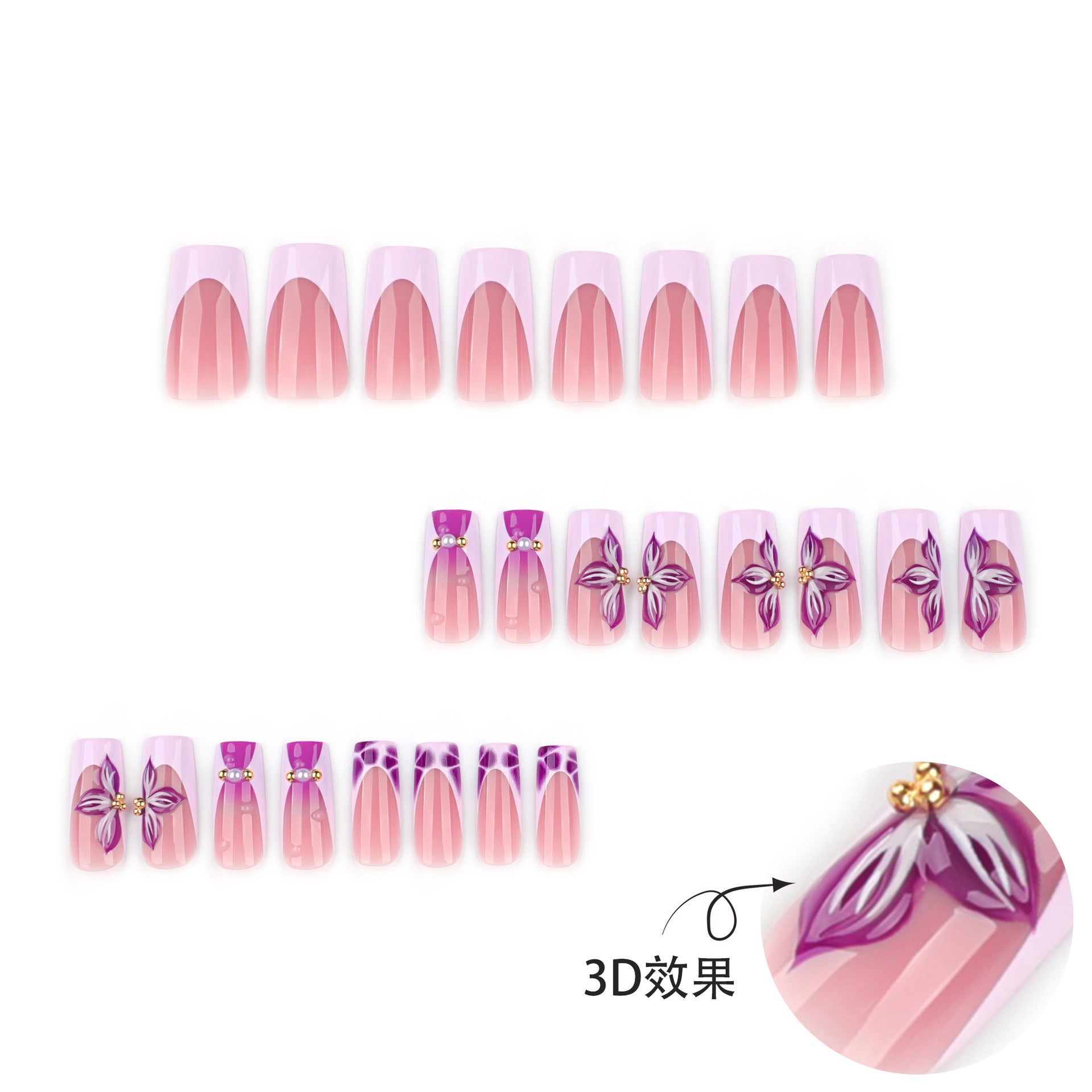 Long Square Press On Nails with Pink Base & Purple Floral & Accents
