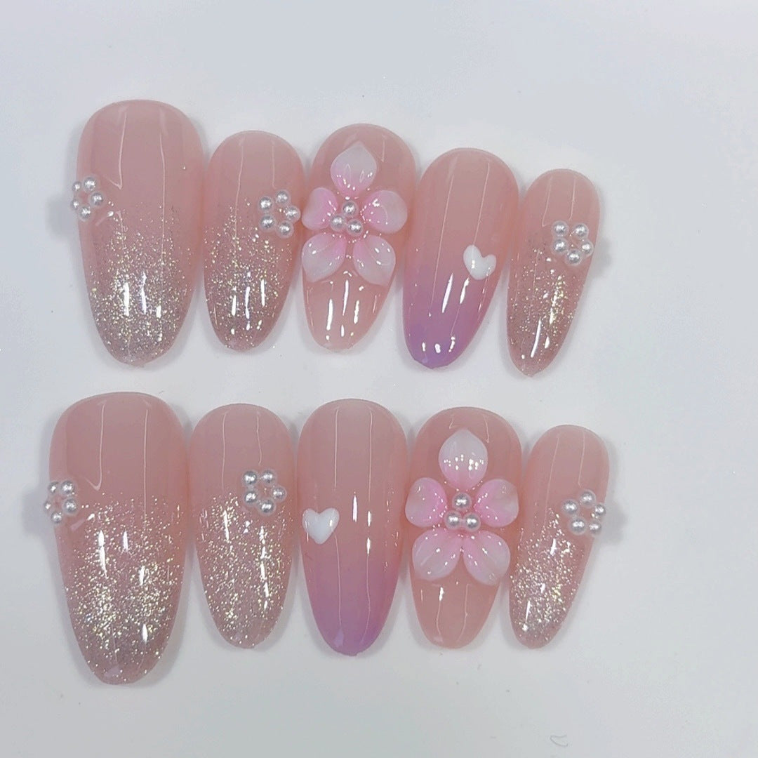 Lueur Sakura : « Fleur Rose et Paillettes » – Ongles press-on forme amande
