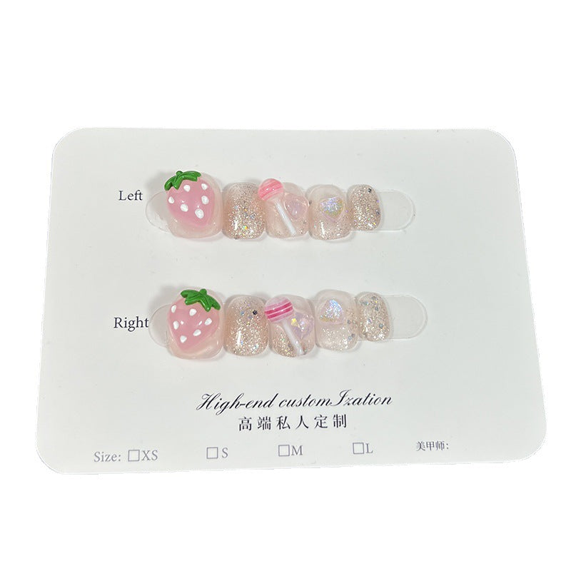 Parche de uñas con diseño de piruleta de fresa tridimensional, hecho a mano, bonito y dulce, adhesivo para uñas desmontable｜365nails