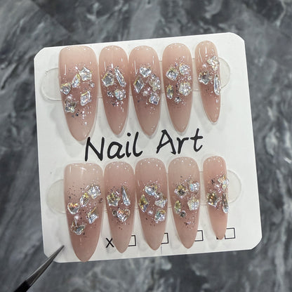 Unhas postiças artesanais Pure Desire Ice Blush Nail Flash Long Nail Patch Wearable Atacado de Unhas Postiças ｜365nails