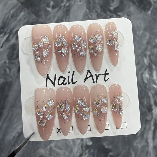 Unhas postiças artesanais Pure Desire Ice Blush Nail Flash Long Nail Patch Wearable Atacado de Unhas Postiças ｜365nails