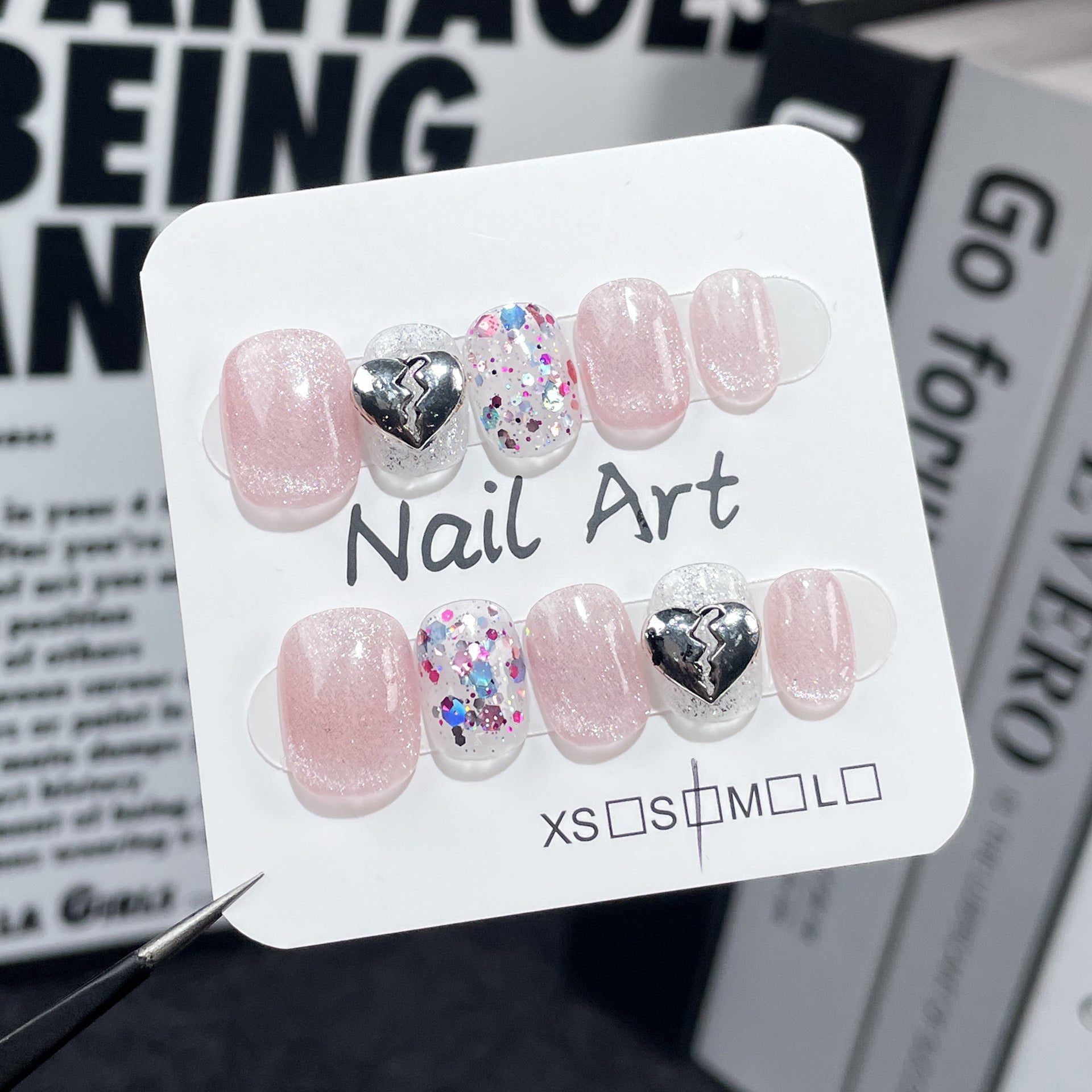 Fresh Summer Glitter Nails with Playful Silver Heart Charms