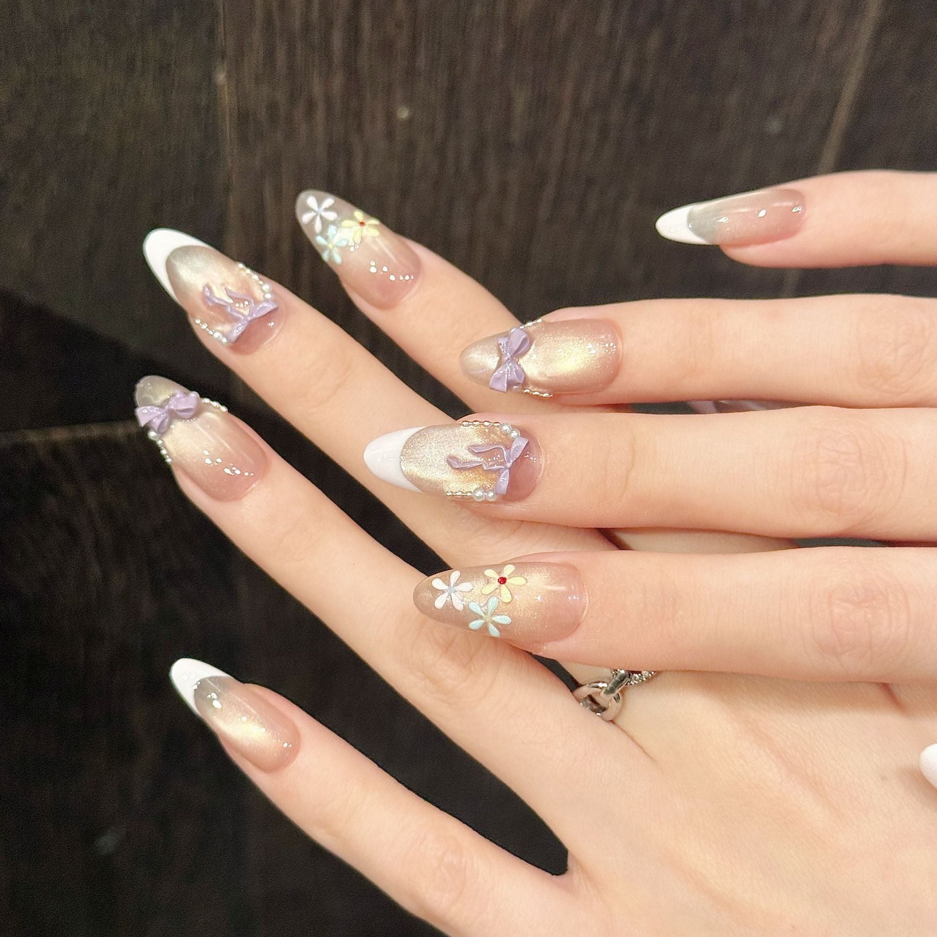 365nails: "Garden Party" – 3D Floral Bow French Tip Handmade Almond Nails