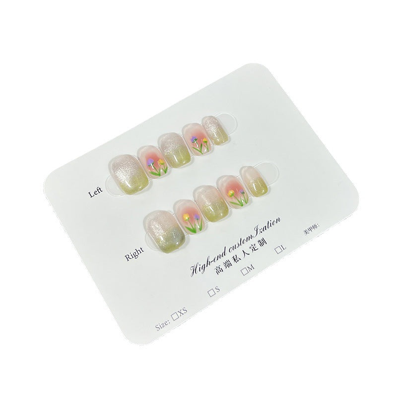 Uñas postizas de tulipán pintadas a mano, pequeñas y frescas, de edición limitada de primavera, con diseño de ojo de gato, uñas postizas hechas a mano, uñas extraíbles al por mayor | 365nails