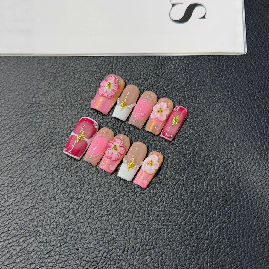 365nails: "Blooming Dawn" – 3D Floral Handmade Square Nails