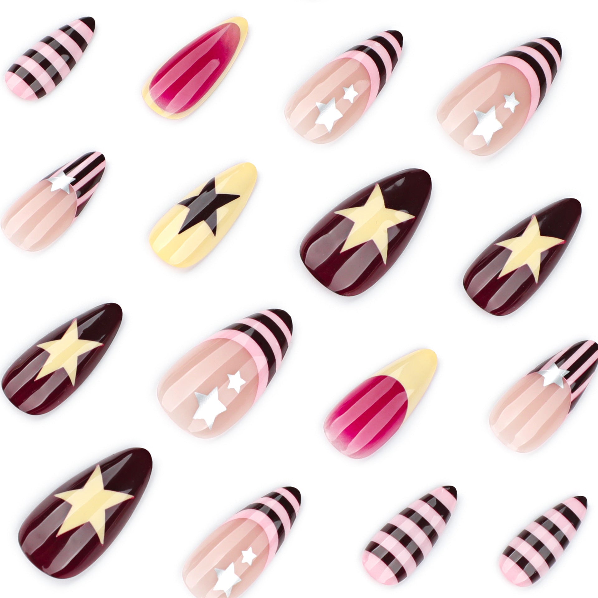 Almond-shaped press-on nails with star accents