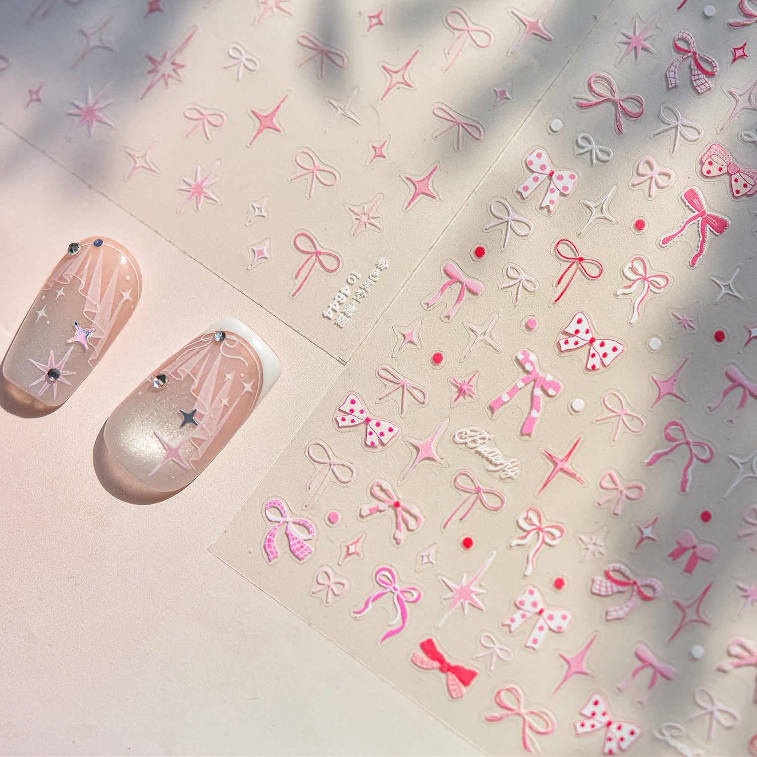 Misty Pink Star & Bow Collection: "Dreamy Pink Star Bow" – 3D Embossed Nail Sticker