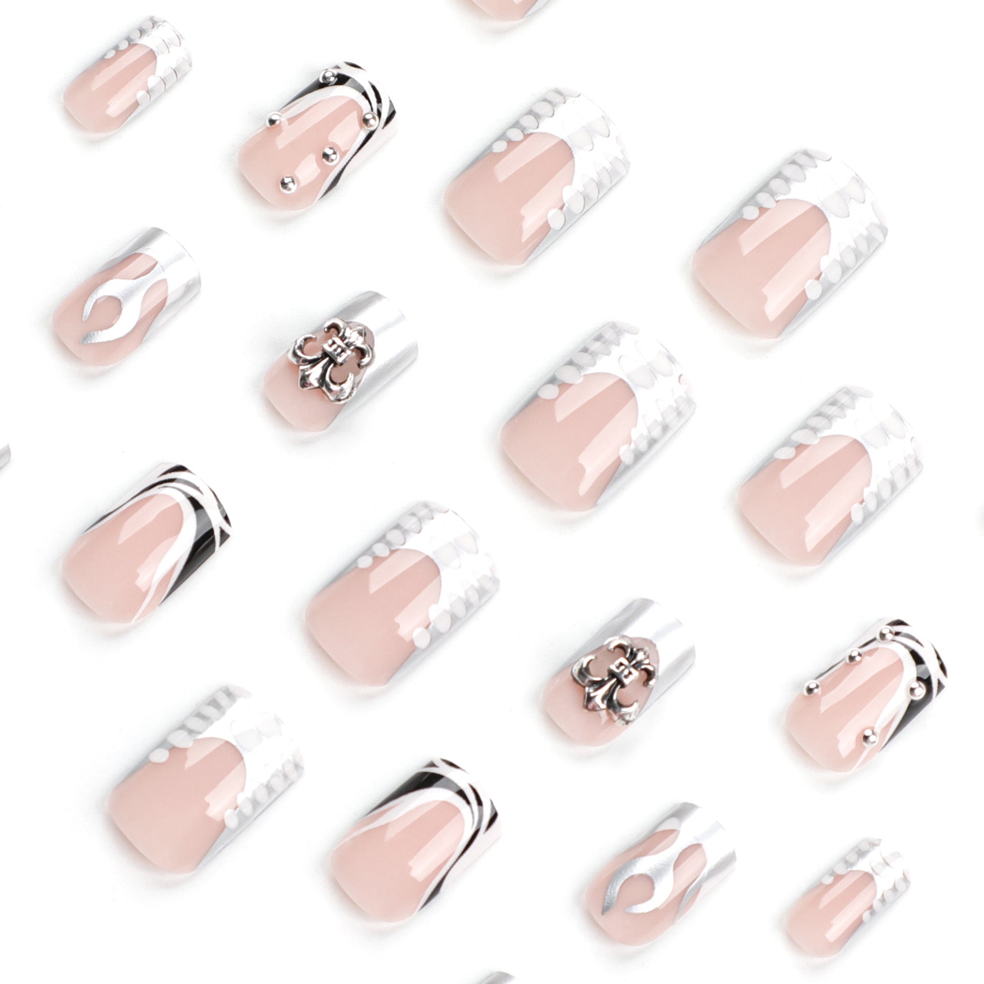 faux ongles nude flamme argentée chaude faux ongles pièce patch d'ongle faux gros｜365nails