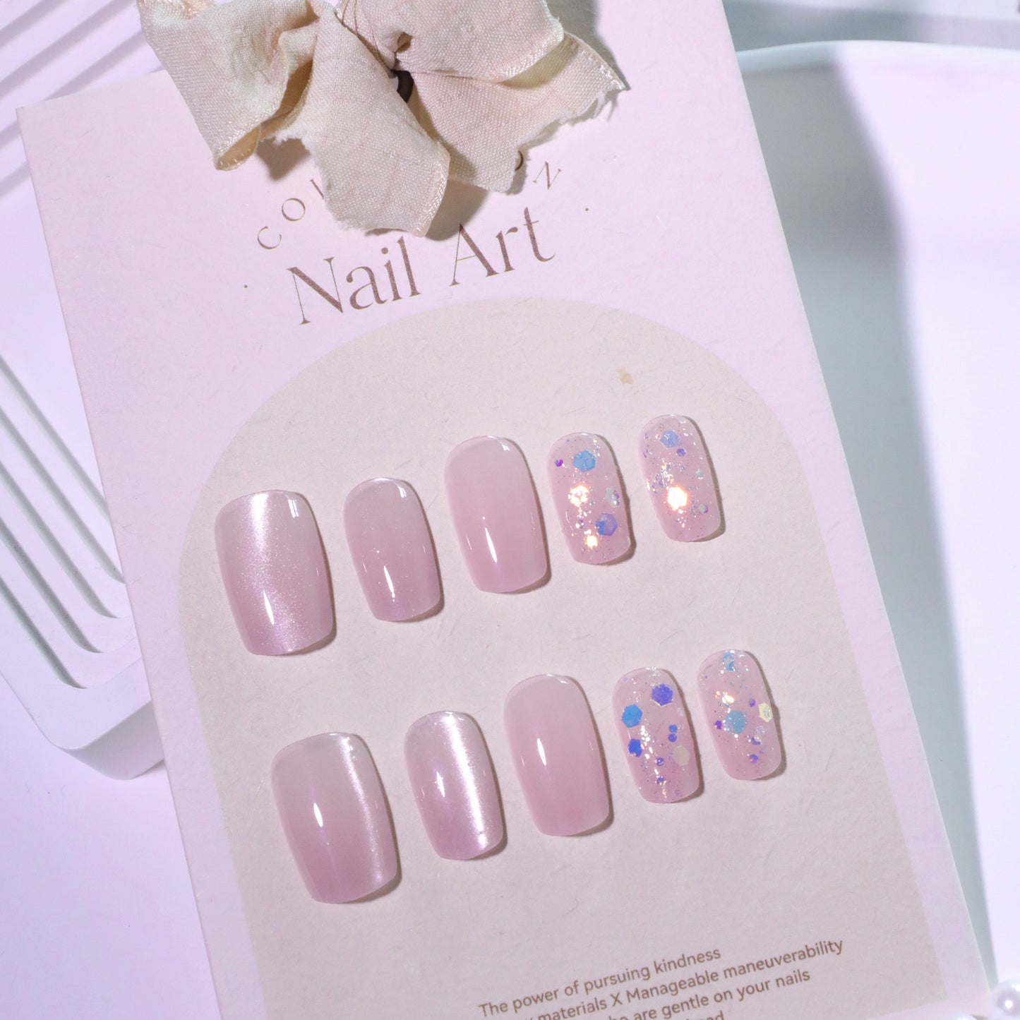 Naked pink cat eye flash short square press-on nails