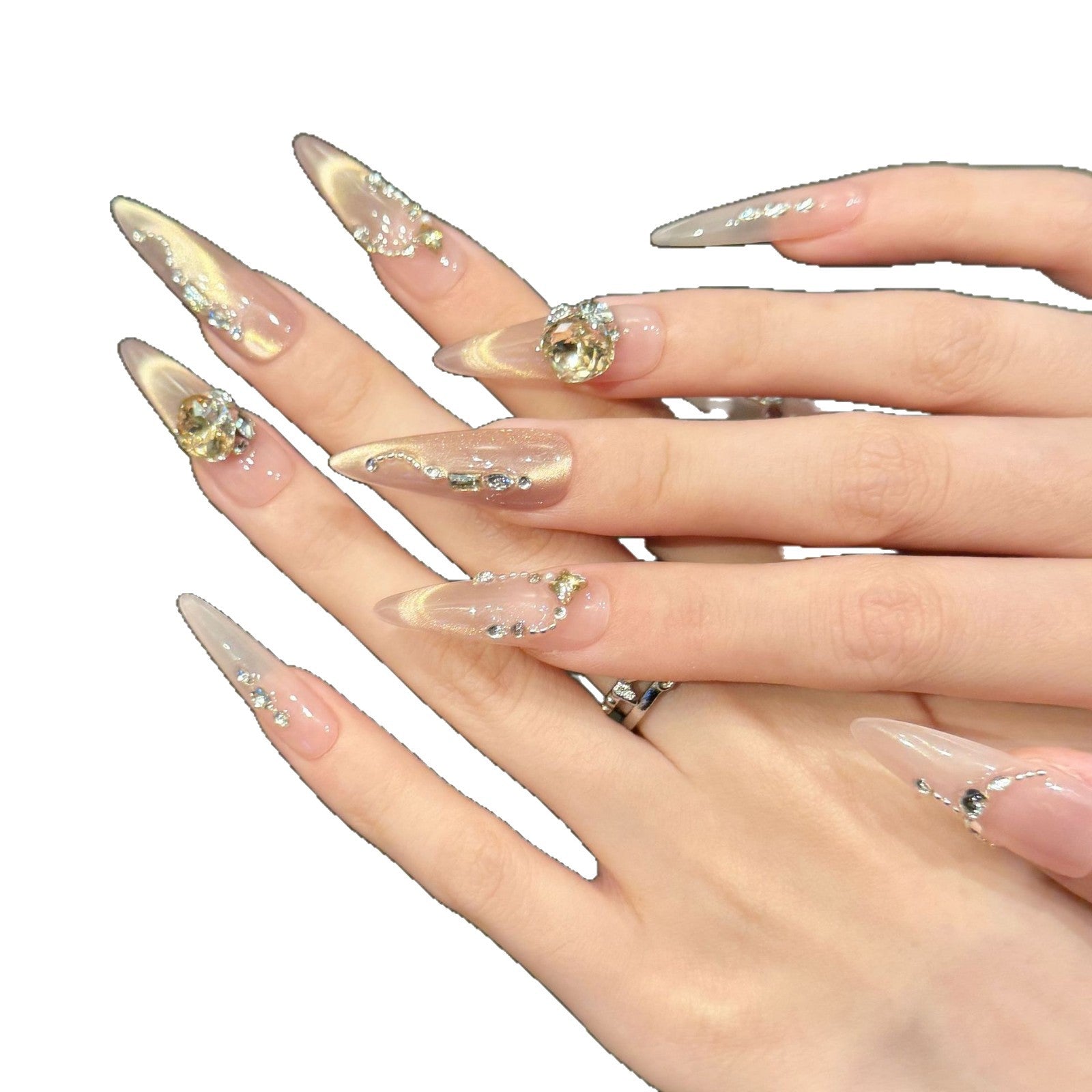 365nails: "Champagne Olho de Gato" – Unhas Stiletto Feitas à Mão com Diamante 3D e Corrente Dourada