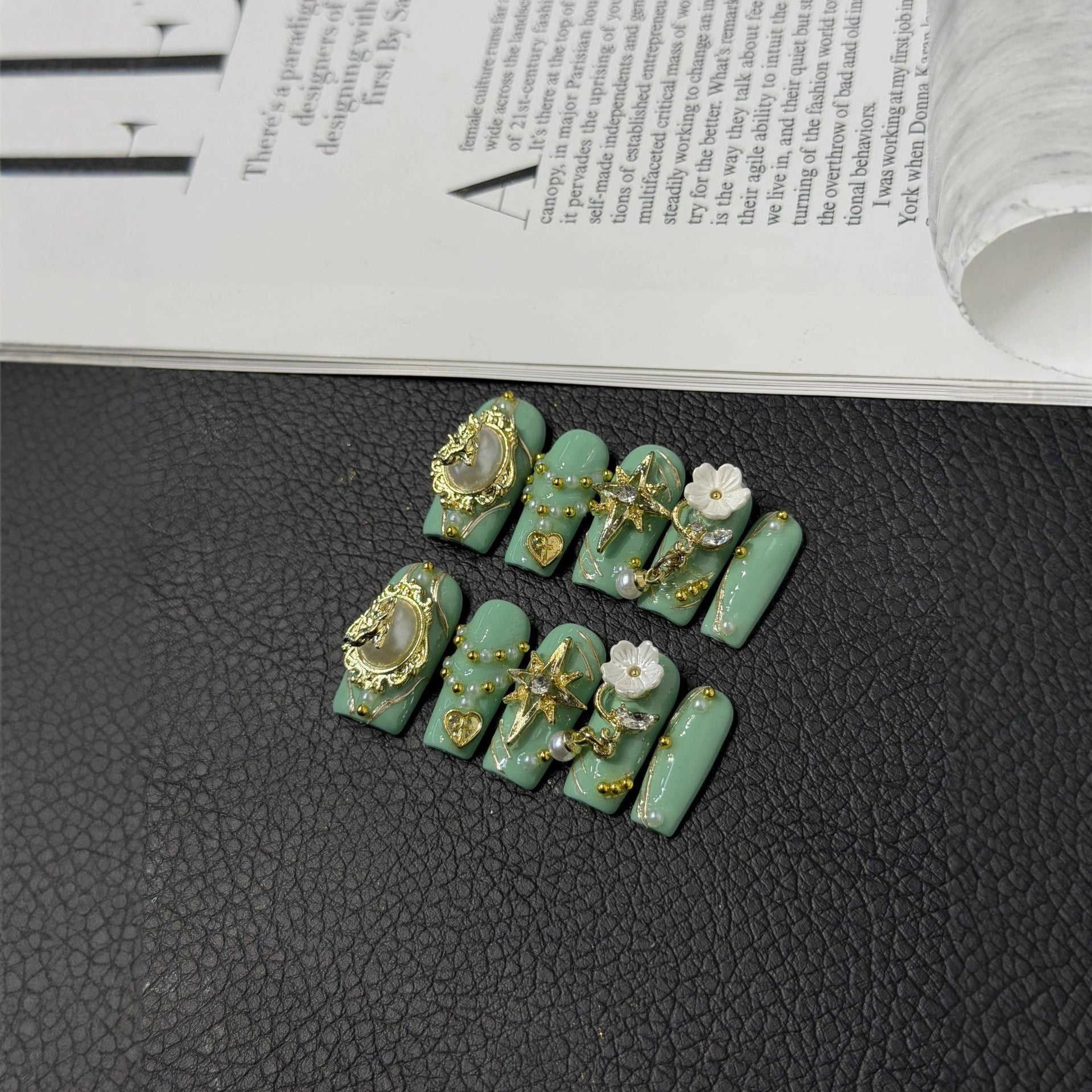 365nails: "Emerald Majesty" – 3D Floral & Gold Handmade Square Nails