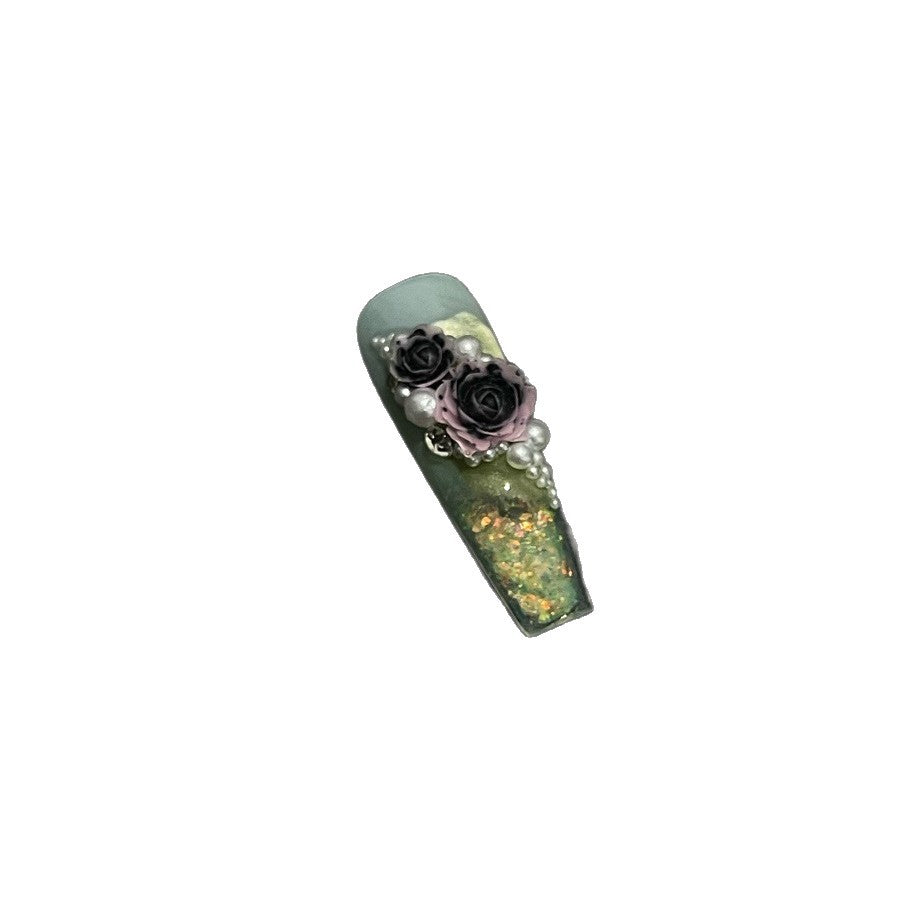 Misty Green Black Rose Pearl Gold Long Coffin Press On Nail