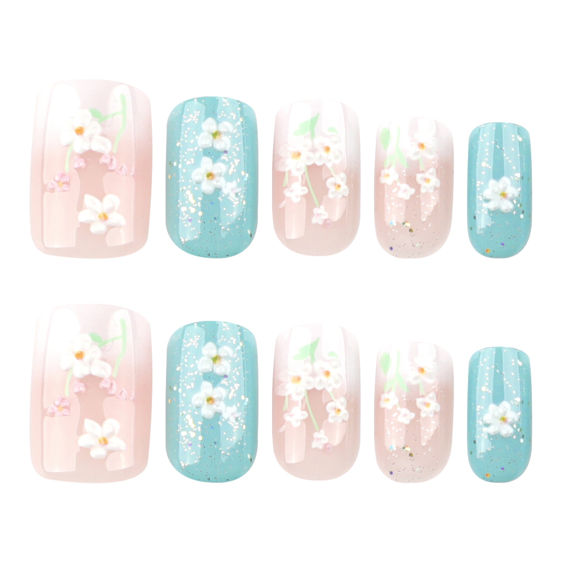 3D立體花卉美甲｜中長款與長款｜白色漸層方形穿戴甲 批發｜365nails