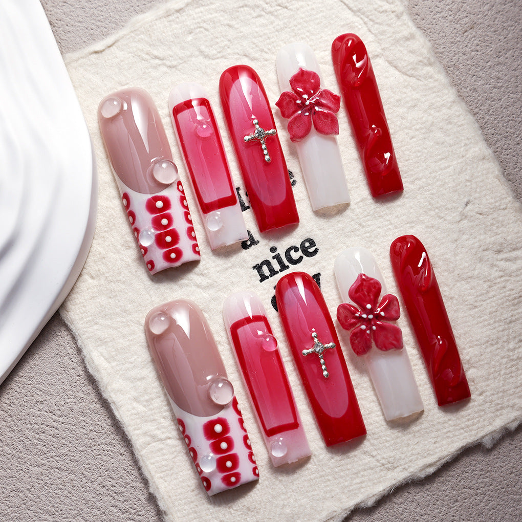 Red Gradient Floral Cross Statement Press On Nails