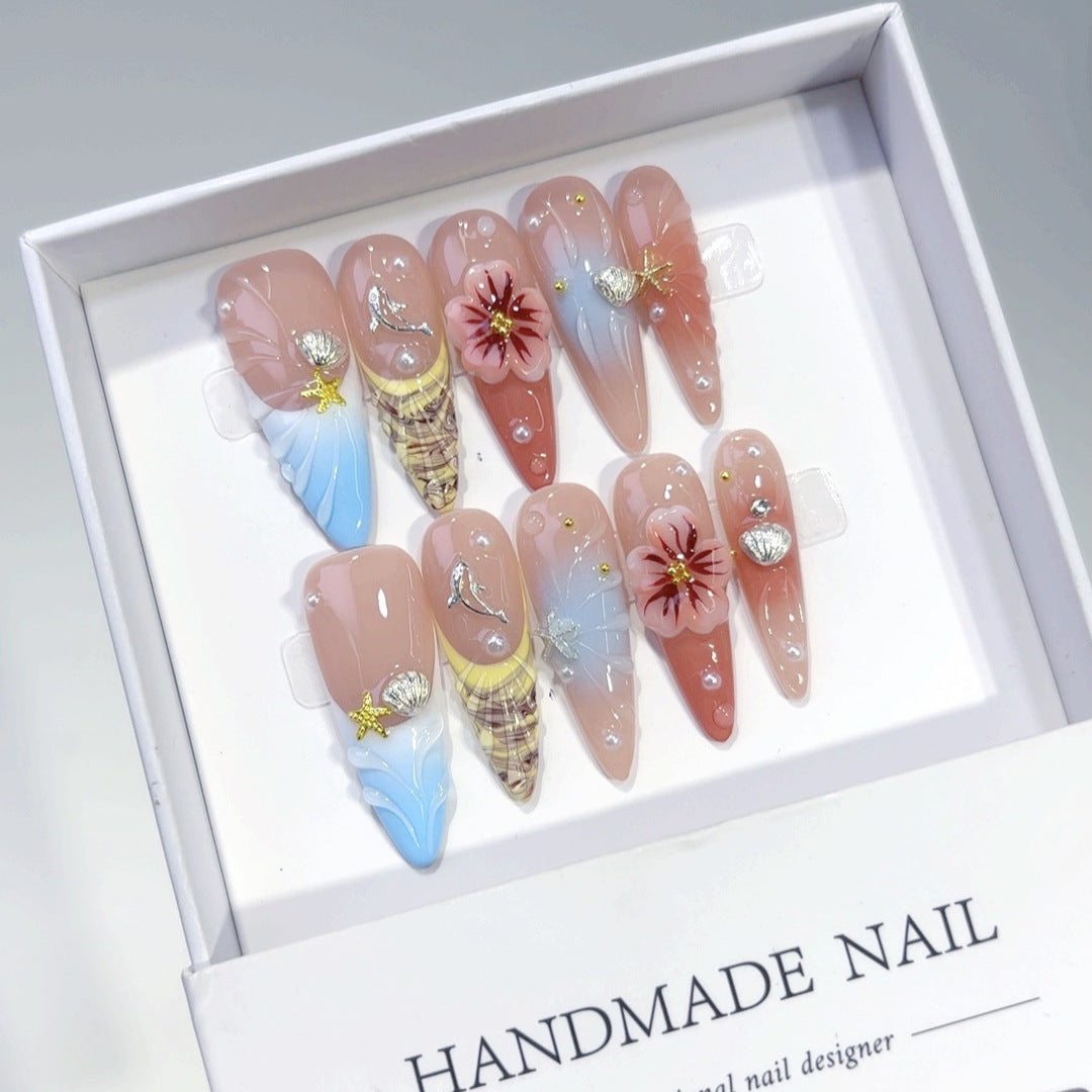 Coastal Bloom: "Seashell & Flower" – Long Almond Handmade Press On Nails