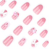 Unhas postiças francesas de pressão com bordas brancas e rosas, laço tridimensional, unhas curtas quadradas para manicure, atacado ｜365nails
