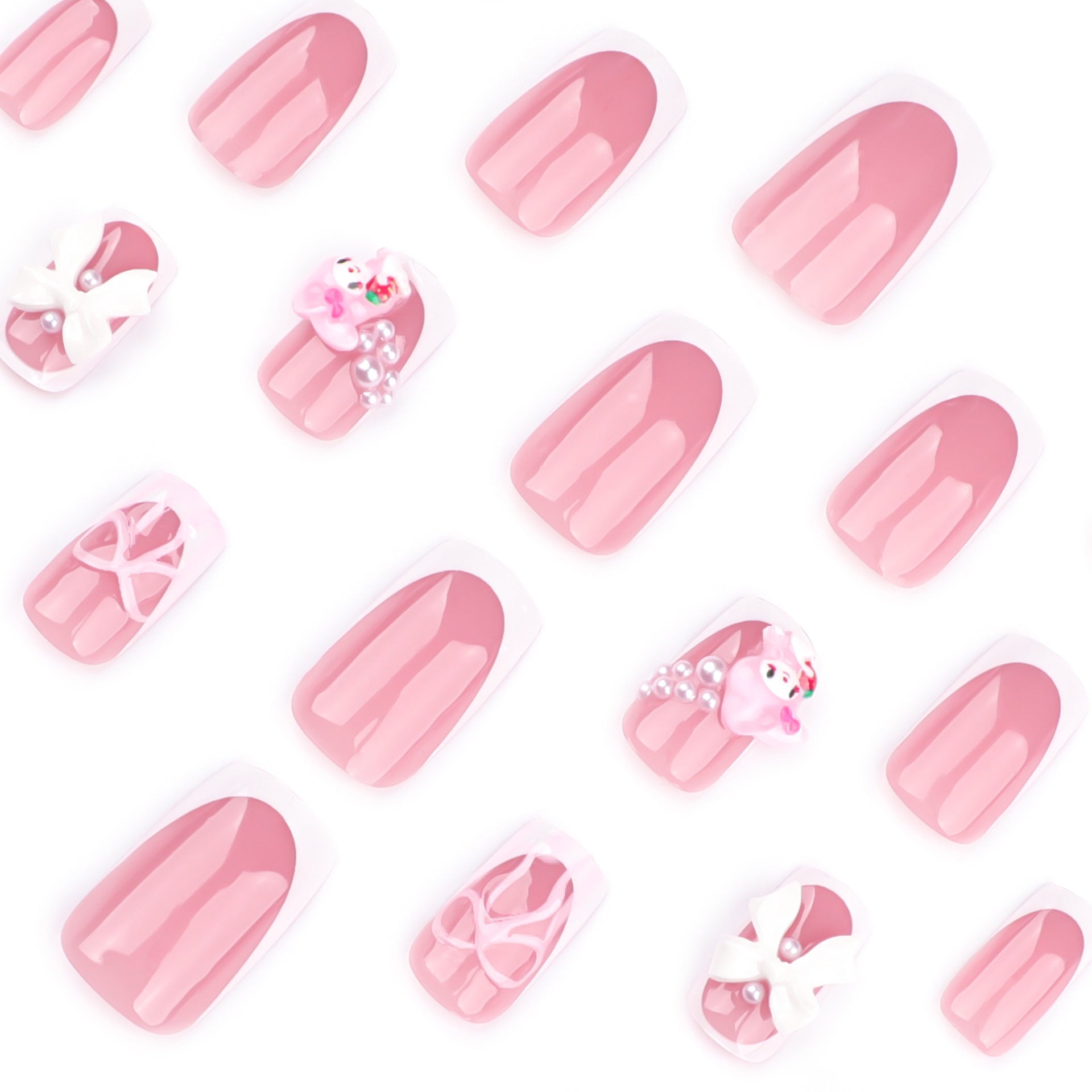 Unhas postiças francesas de pressão com bordas brancas e rosas, laço tridimensional, unhas curtas quadradas para manicure, atacado ｜365nails