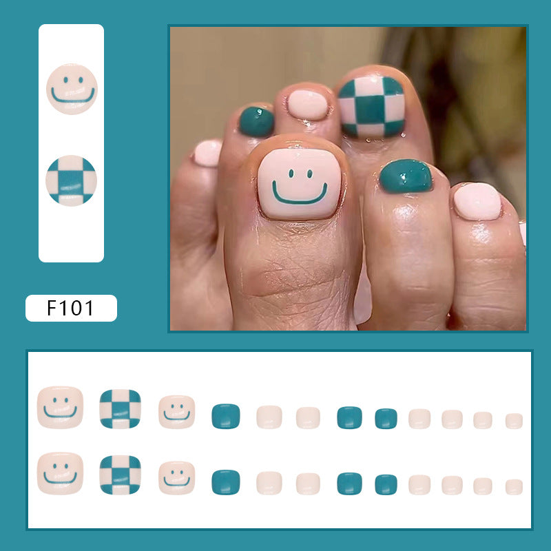 可愛笑臉×清新湖綠格紋 小巧款穿戴甲 小清新風 假甲｜365nails