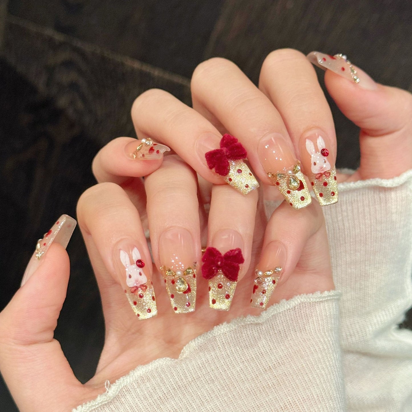 Gold Red Bow Holiday Press On Nails Set