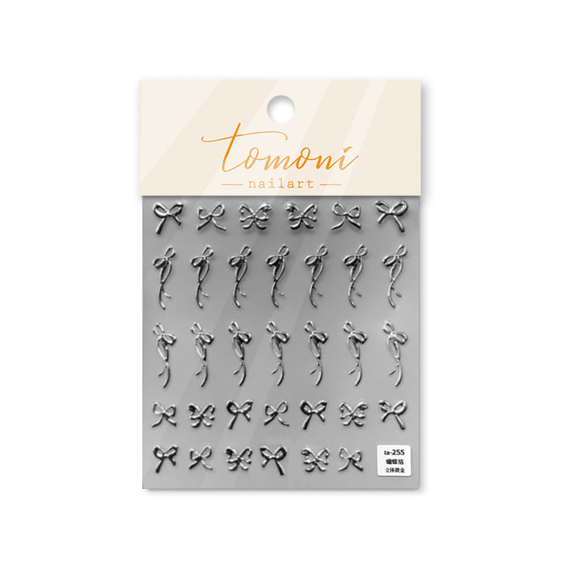 3D Silver Bow Nail Stickers – 5D Embossed Minimalist Elegance Set