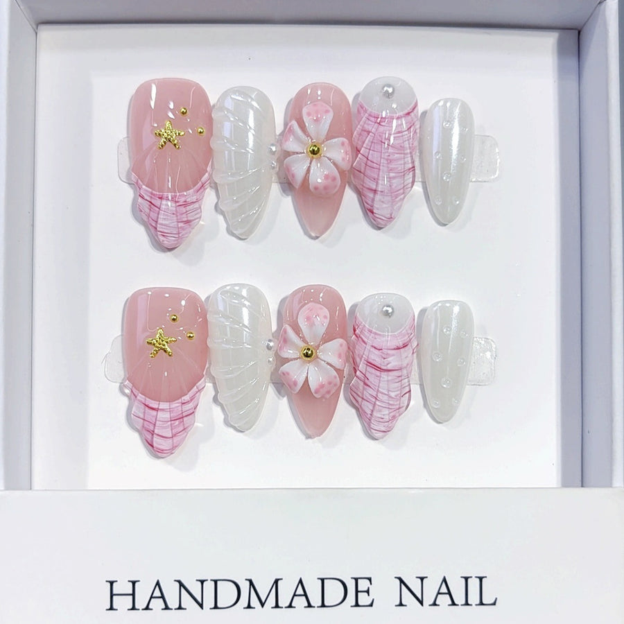 Seashell Sakura: "Starfish & Floral" – Almond Press-On Nails