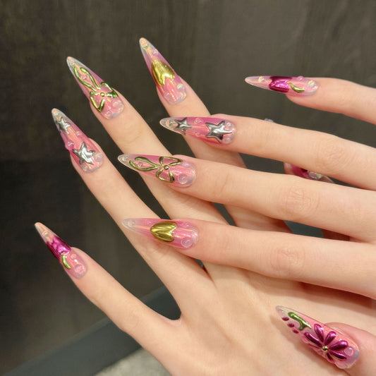 Island Holiday Spice Girl Painted Magic Mirror Pink Flowers Pure Handmade nails | 365nails
