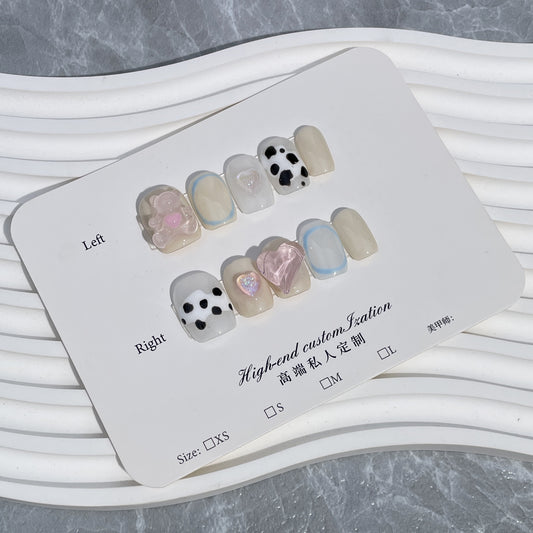 Handmade Press-on Nails Love Bear Cow Pattern White Nail Sticker Wearable Nail Patch Cartoon Cute Nail Patch｜365nails