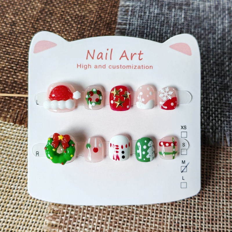 365nails-聖誕歡樂兒童系列：「節慶花圈與聖誕老公公」 – 兒童短款方形穿戴甲