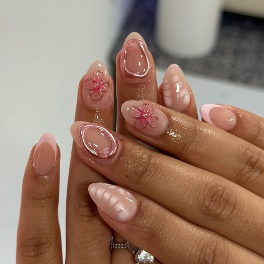 短款杏仁形法式粉色3D花朵｜365nails