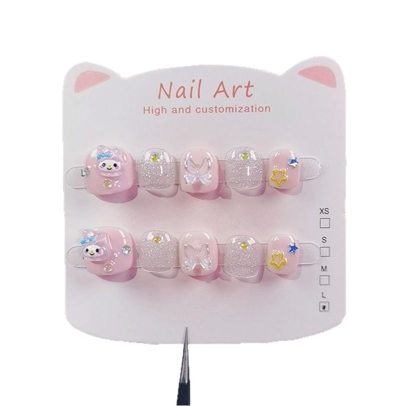Mini Melody Cute Kids Press On Nails with Star Glitter