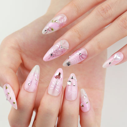 Unhas falsas com diamantes brilhantes e estrelas rosa, produto finalizado em amêndoa curta, atacado ｜365nails