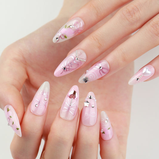 Sweet pink  star shining diamond nail art fake nail short almond  finished product wholesale｜365nails