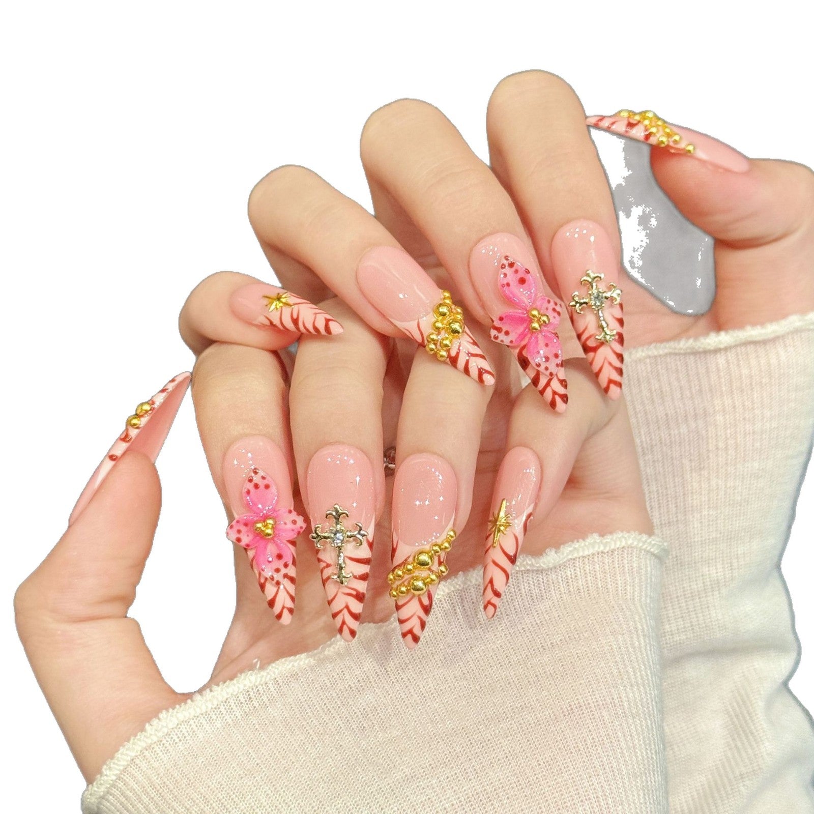 365nails: "Pink Diamond Cool" – 3D Floral & Crystal Handmade Almond Nails