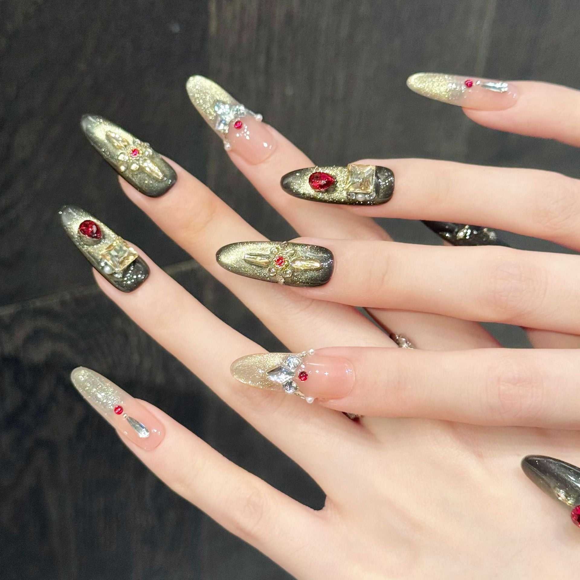 365nails: "Imperial Bloom" – 3D Red Gem & Gold Leaf Handmade Long Coffin Nails