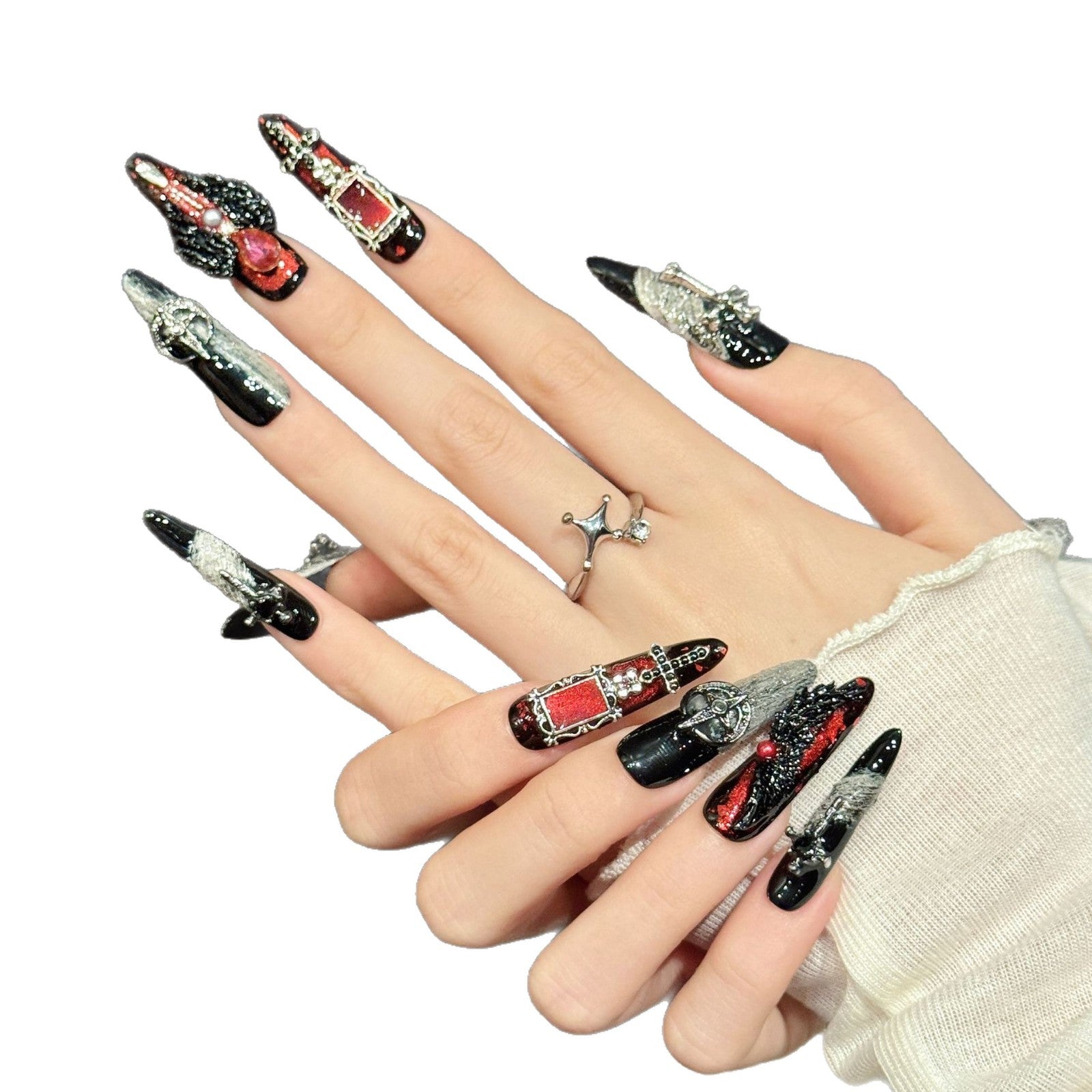 Gothic Red Black Cross Metal Charm Press On Nails