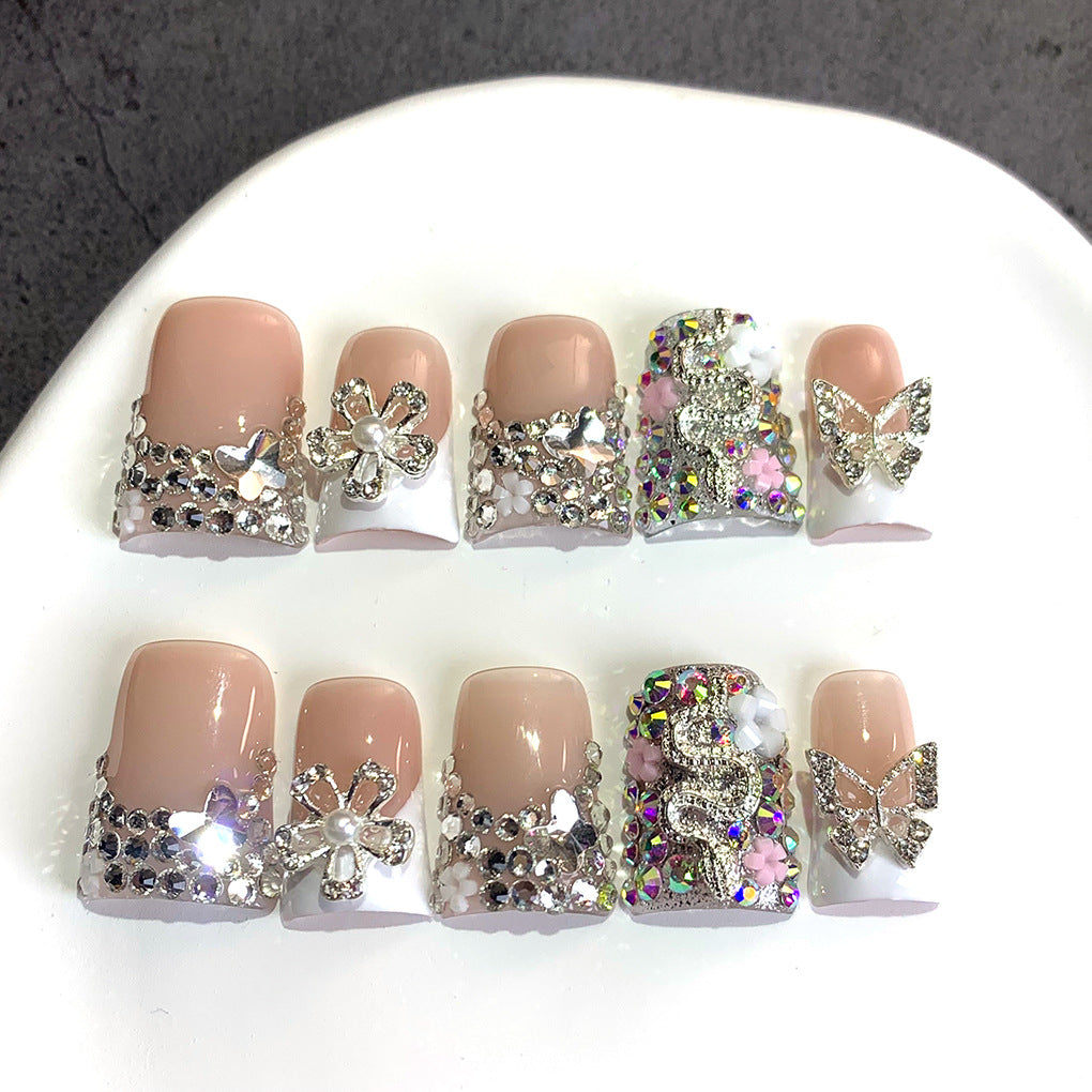 Nude French Nails with Silver Butterfly Crystal Embellishments