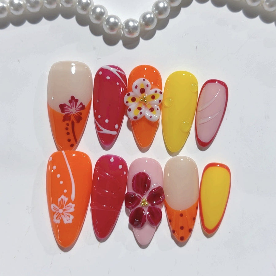 Tropical Bloom: "Crimson Hibiscus" – Almond Press-On