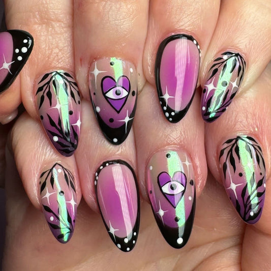 short smudged almond-shaped  French glitter fake nail press on nails｜365nails