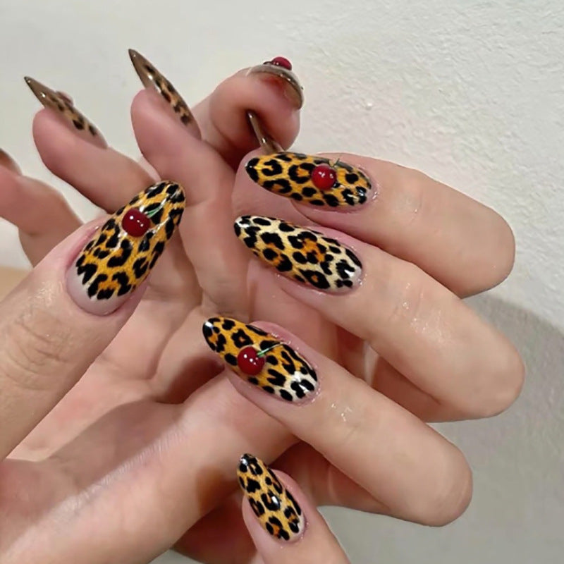 Wild Leopard Print Nails with Cherry Accent Medium Almond Tips