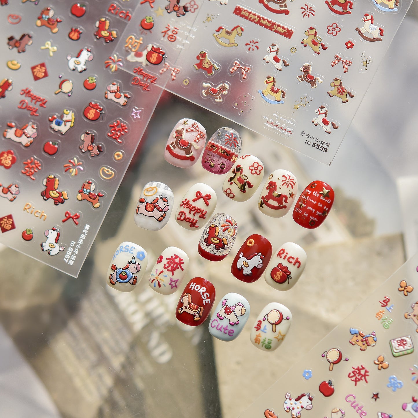 Embossed New Year Nail Stickers – Lucky Cat & Red Packet Set