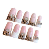 Sweet Pink Leopard Heart Crystal Press On Nails