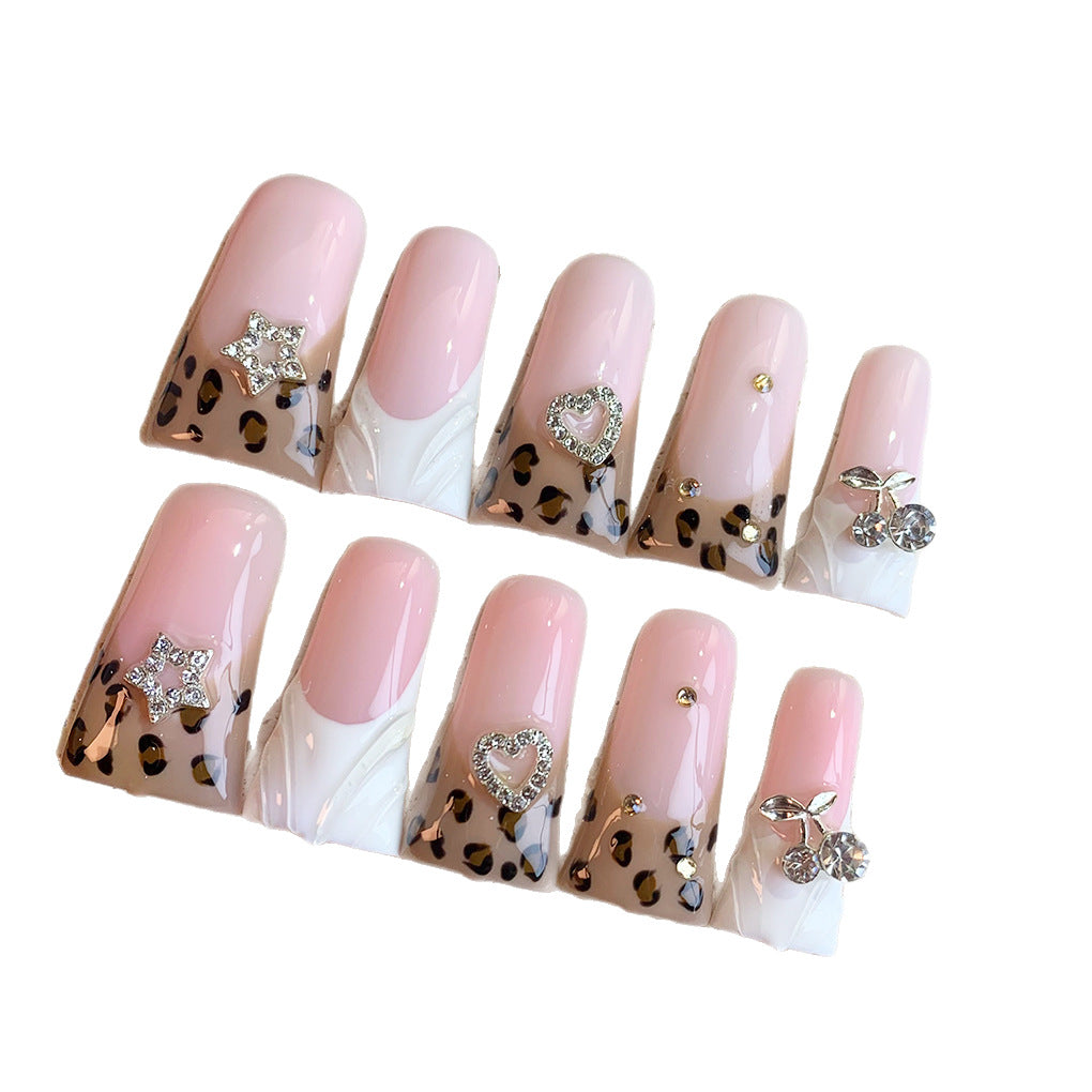 Sweet Pink Leopard Heart Crystal Press On Nails